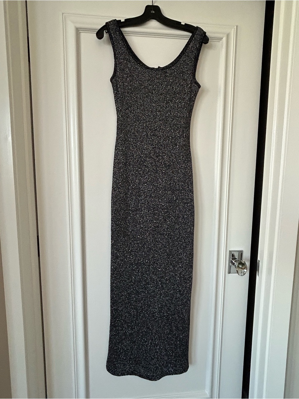 Victor Costa Metallic Knit Maxi Dress in Black and Silver